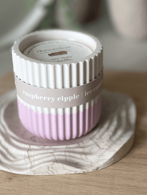 Raspberry Ripple Stoneware Soy Candle – Sustainable Fruity Scent