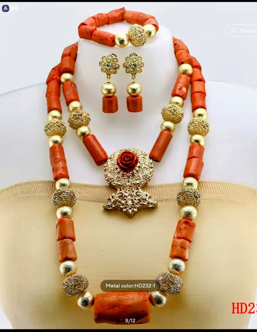 Double Layers Original Coral Nigerian Wedding Beads Jewelry Set Women Coral