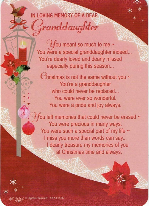 Loving Memory Christmas Graveside Memorial Card - Dear Granddaughter 6.25x4.25"