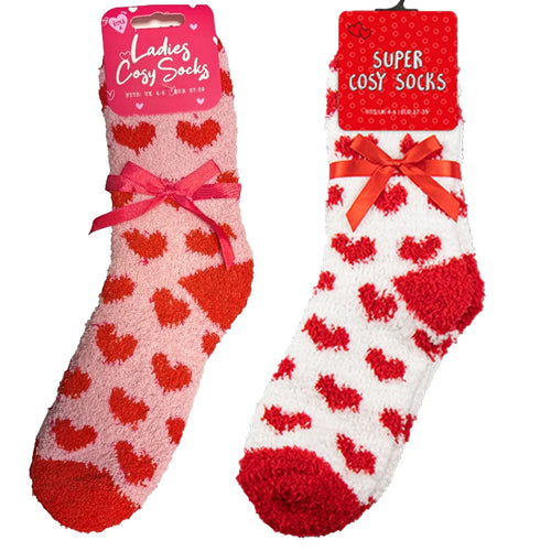 Ladies Valentines Socks Super Cosy Hearts Size 4 - 6 White and Red one pair  supplied