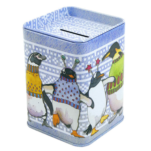 Emma Ball Piggy Bank Penguins in Pullovers Money Tin