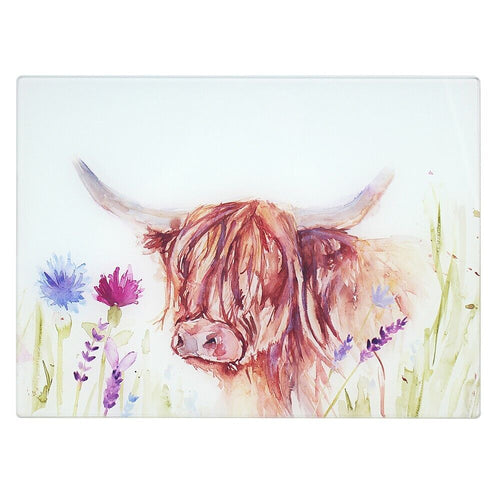 Highland Cow Watercolour Glass Cutting Chopping Board Worktop Saver Jenifer Rose