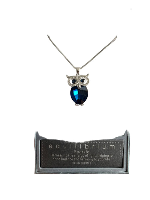 Equilibrium jewellery owl, silver pendant with blue jewel
