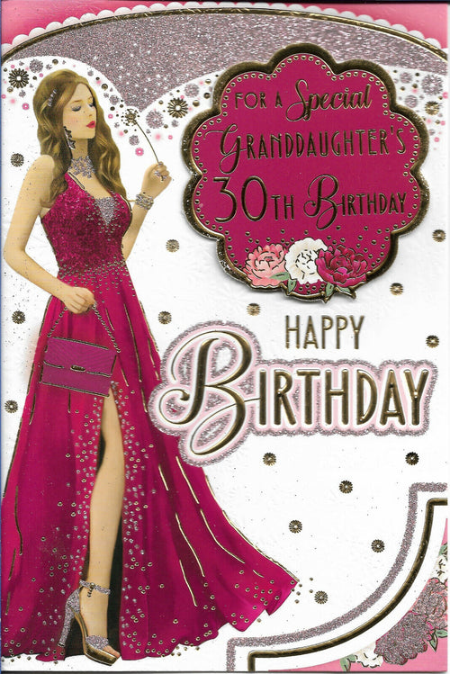 GRANDDAUGHTER 30TH BIRTHDAY GREETING CARD 9"X6" LADY IN DRESS