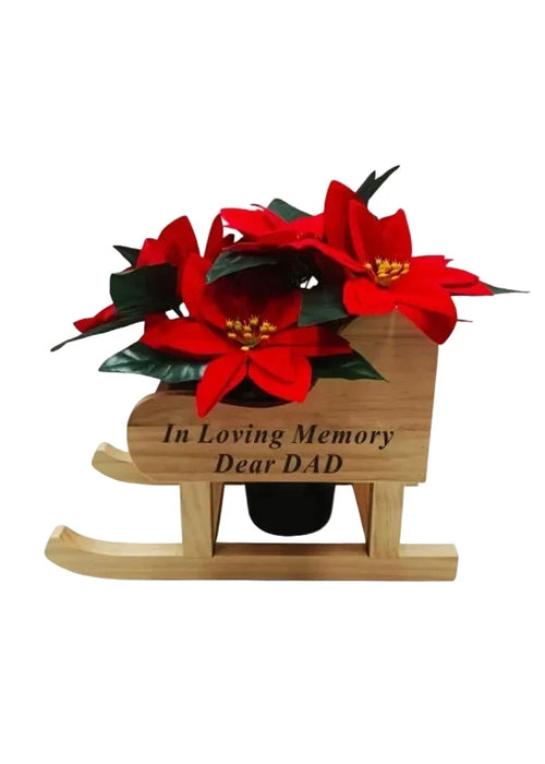 Memorial Wooden Sleigh WITH Red Poinsettia Grave Pot  dad