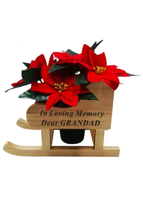 Memorial Wooden Sleigh WITH Red Poinsettia Grave Pot   mum