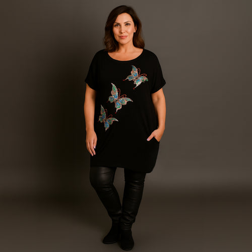 Sequin Butterfly Dipped Hem Top with Pockets