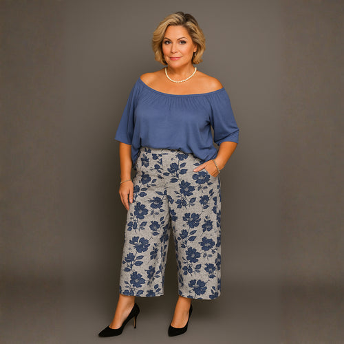 Grey Blue Floral Elastic Waist 3/4 Length Palazzo Trousers / Culottes