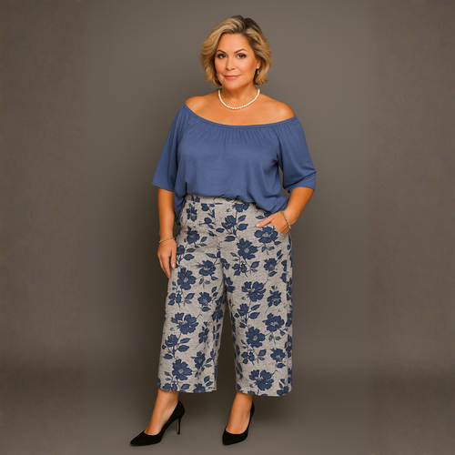 Grey Blue Floral Elastic Waist 3/4 Length Palazzo Trousers / Culottes