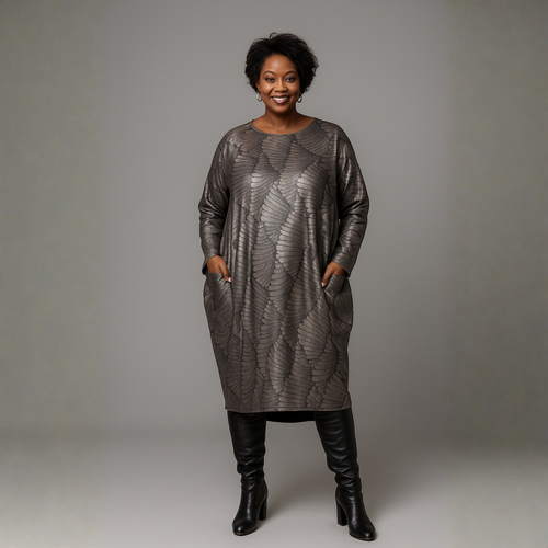 Pewter Metallic Loose Fit Dipped Hem Pocket Dress
