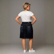 Dark Blue Denim Skirt with Studded Butterfly Pockets