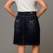 Dark Blue Denim Skirt with Studded Butterfly Pockets
