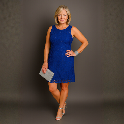 Sequin & Lace Sleeveless Shift Party / Evening Dress