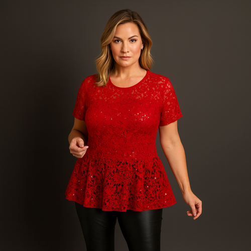 Sequin & Lace Short Sleeve Peplum Blouse