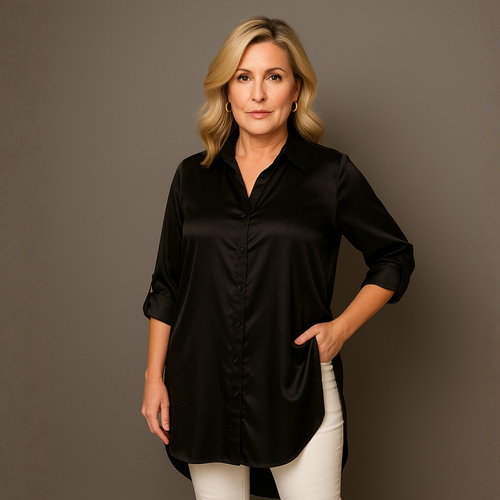 Dipped Hem Satin Shirt with 3/4 button Tab Sleeves