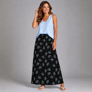 Black Blue Floral Elastic Waist Maxi Skirt