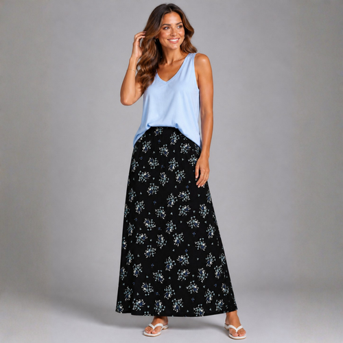 Black Blue Floral Elastic Waist Maxi Skirt