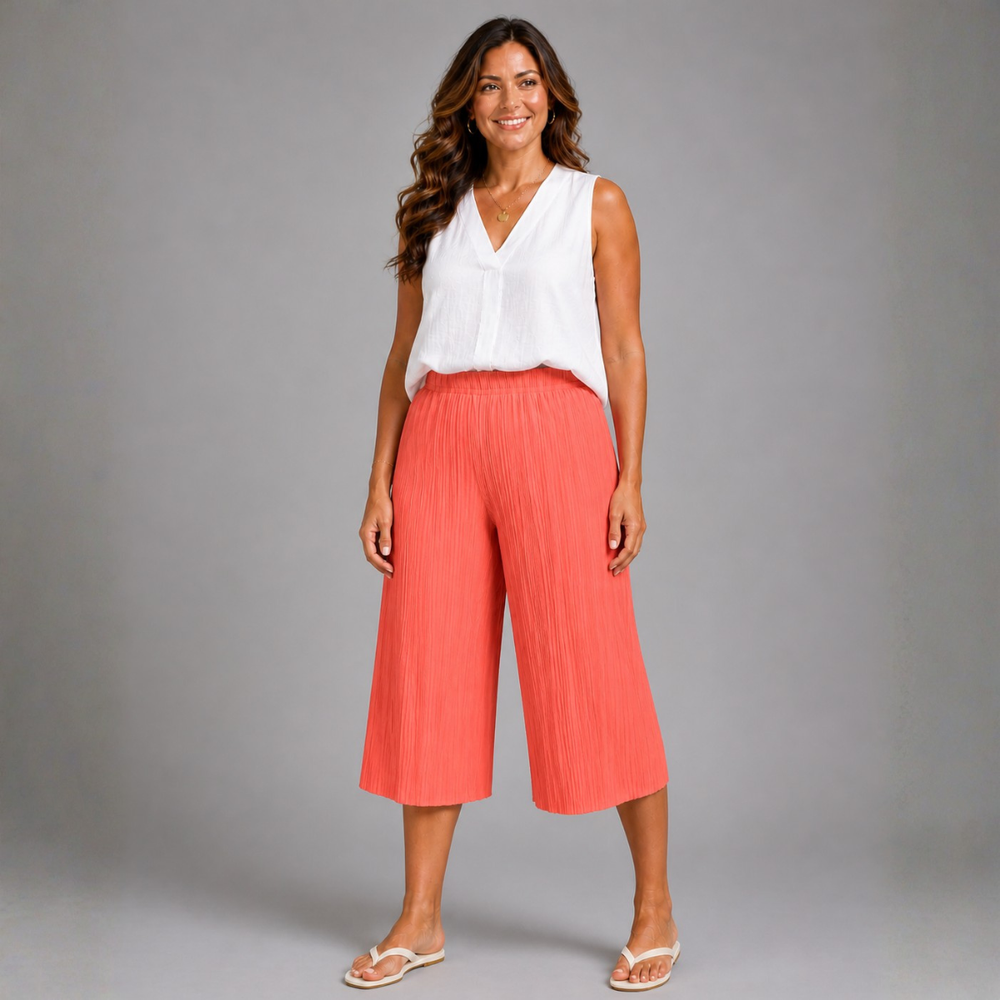 Crinkle Pleated Elastic Waist Culottes / Long Shorts