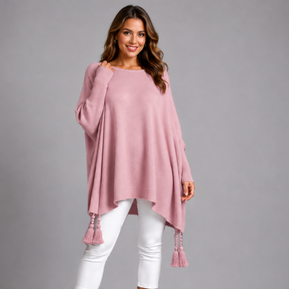 Slash Neck Oversized Jumper with Tassel Detail