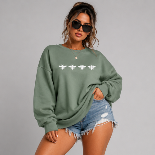 Cotton Sweatshirt with 4 White Bees Detail