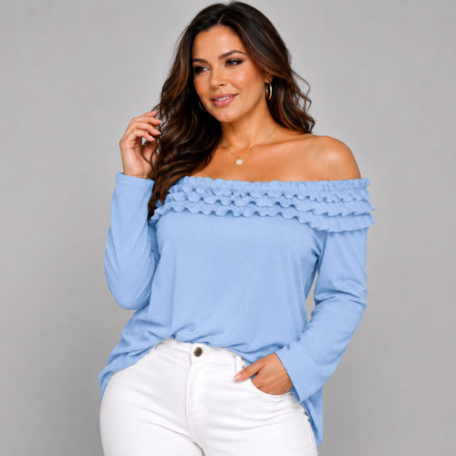 Ruffled Neckline Off Shoulder Long Sleeve Blouse