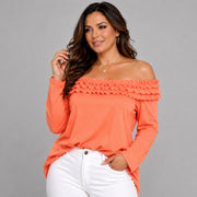 Ruffled Neckline Off Shoulder Long Sleeve Blouse
