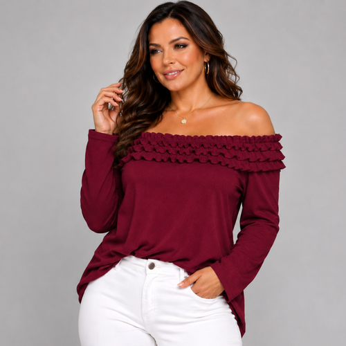 Ruffled Neckline Off Shoulder Long Sleeve Blouse