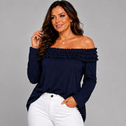 Ruffled Neckline Off Shoulder Long Sleeve Blouse