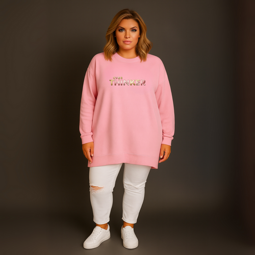 Long Cotton Sweatshirt with “Over Thinker” Logo
