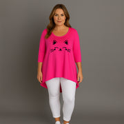 Cat Face 3/4 Sleeve Dipped Hem Top