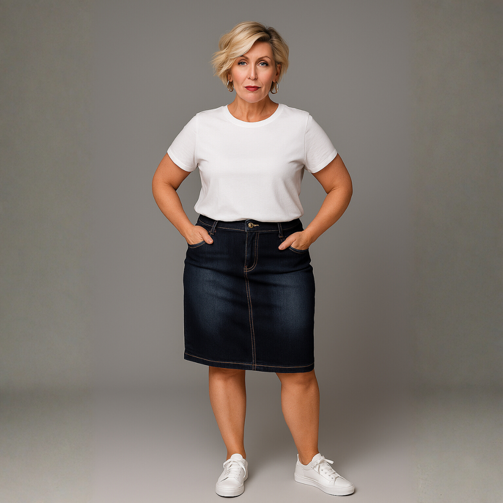Dark Blue Denim Skirt with Studded Butterfly Pockets