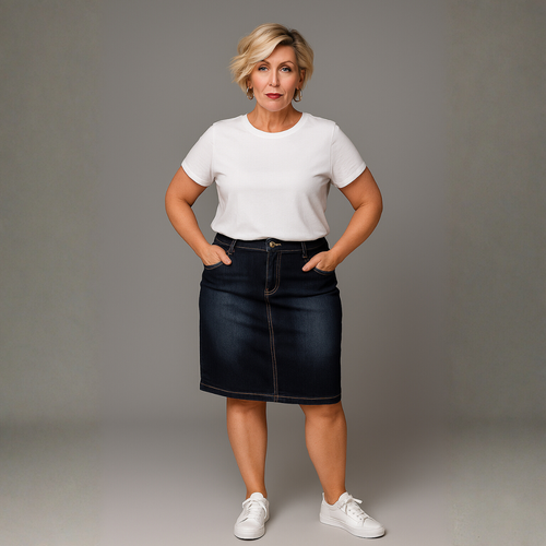 Dark Blue Denim Skirt with Studded Butterfly Pockets