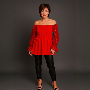 Sequin Sleeve Smocked Front Peplum Party Top
