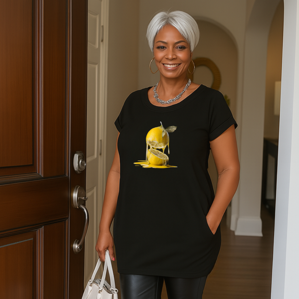 Long Lemon Print Dipped-Hem T-Shirt with Side Pockets