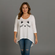 Cat Face 3/4 Sleeve Dipped Hem Top