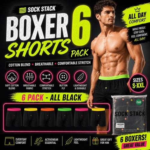Sock Stack 6 Pack Black Cotton Blend Boxer Shorts Mens Breathable Stretch Colorful