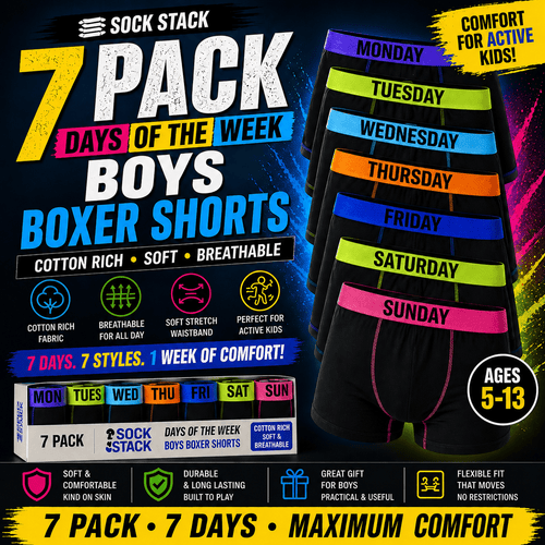 Sock Stack 7 Pack Boys Cotton Rich Boxer Shorts Trunks Ages 5-13 Assorted Colours