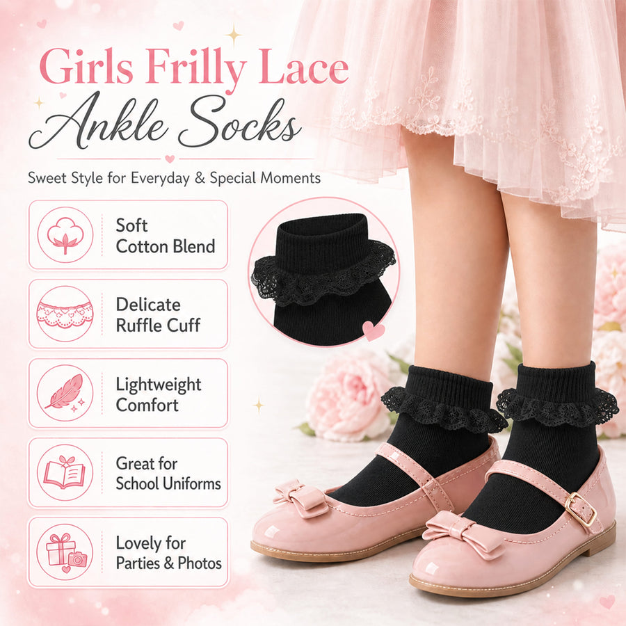 Sock Stack Girls Cotton Rich Frilly Ankle Socks 6 Pairs Durable Breathable Sculpted Heels