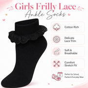 Sock Stack Girls Cotton Rich Frilly Ankle Socks 6 Pairs Durable Breathable Sculpted Heels