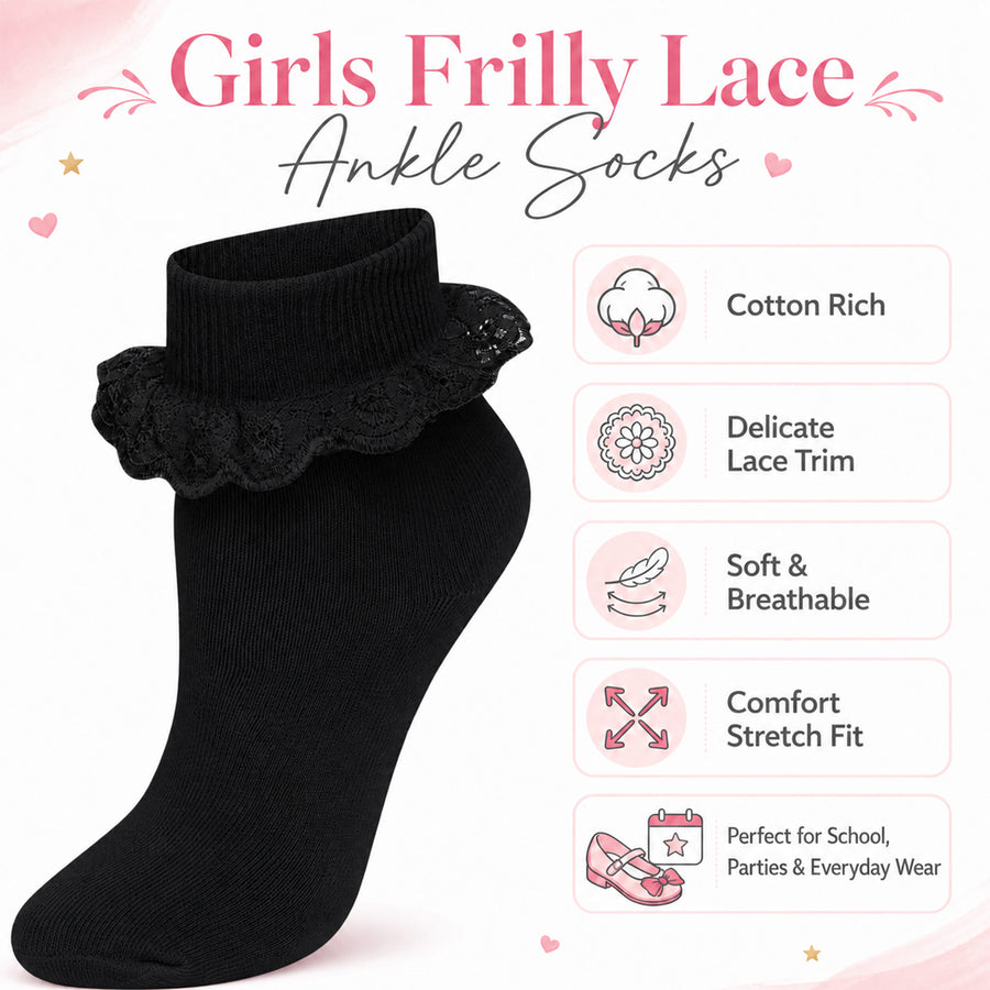 Sock Stack Girls Cotton Rich Frilly Ankle Socks 6 Pairs Durable Breathable Sculpted Heels