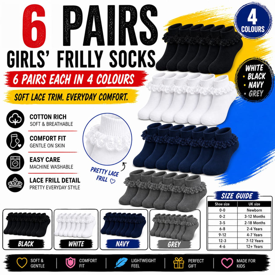 Sock Stack Girls Cotton Rich Frilly Ankle Socks 6 Pairs Durable Breathable Sculpted Heels