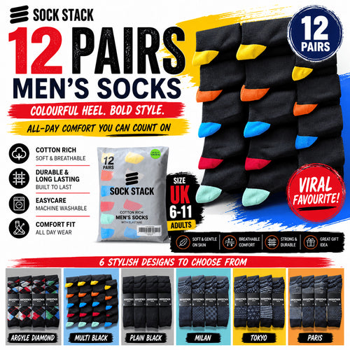 Sock Stack Men's Colourful Heel Toe Black Argyle Diamond Socks Cotton Rich Comfort Fit
