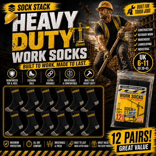 Sock Stack Men's Heavy Duty Work Socks 12 Pairs Cushion Sole Reinforced Toe Heel Black Breathable Cotton Rich Everyday Pack