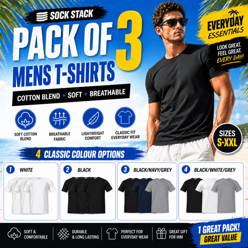Sock Stack Men's Plain T-Shirts Pack Of 3 Short Sleeve Soft Breathable Cotton Blend