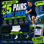Sock Stack Mens Cotton Rich Performance Sport Socks 15 Pairs UK 6-11 Black Grey White Comfort Cuff Everyday Wear