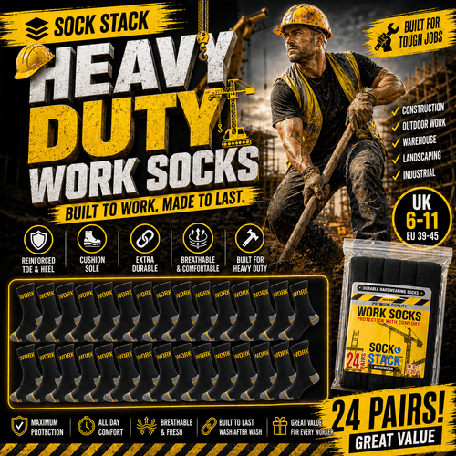 Sock Stack Mens Heavy Duty Work Socks 24 Pairs Cushion Sole Reinforced Toe And Heel Black Comfort Cuff Breathable Everyday