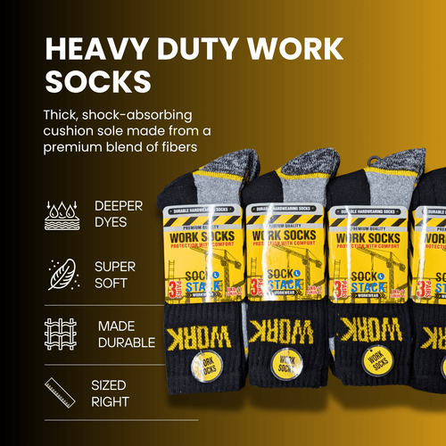 Sock Stack Mens Heavy Duty Work Socks 6 Pairs Cushion Sole Reinforced Toe And Heel Black Cotton Rich Everyday Comfort Pack