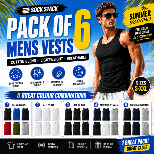 Sock Stack Pack Of 6 Mens Cotton Blend Gym Muscle Vests Fitted Lightweight Breathable
