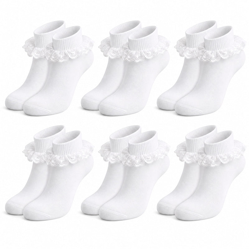 Sock Stack White Girls Tutu Frilly Ankle Socks With Lace And Bow 6 Pairs Cotton Rich