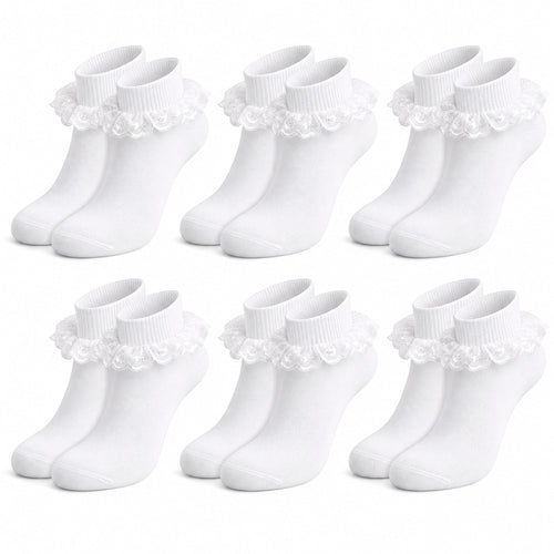 Sock Stack White Girls Tutu Frilly Ankle Socks With Lace And Bow 6 Pairs Cotton Rich